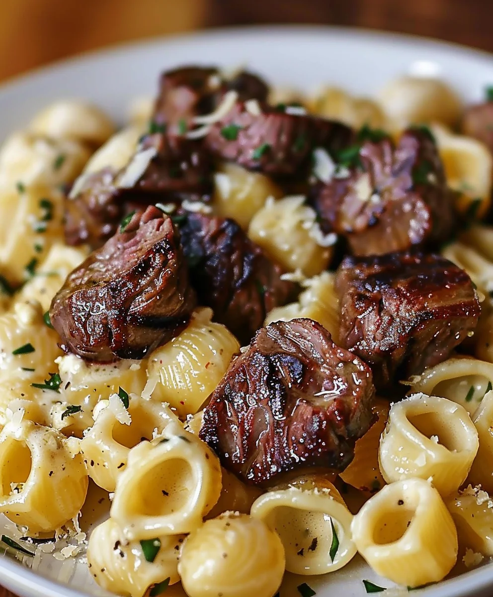 Creamy Steak Bites Pasta Alfredo with Garlic Butter Shells