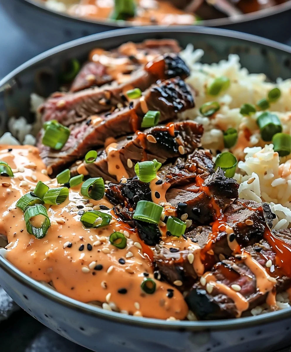 Easy Korean BBQ Steak Rice Bowls + Spicy Cream Sauce Recipe Easy Korean BBQ Steak Rice Bowls + Spicy Cream Sauce Recipe