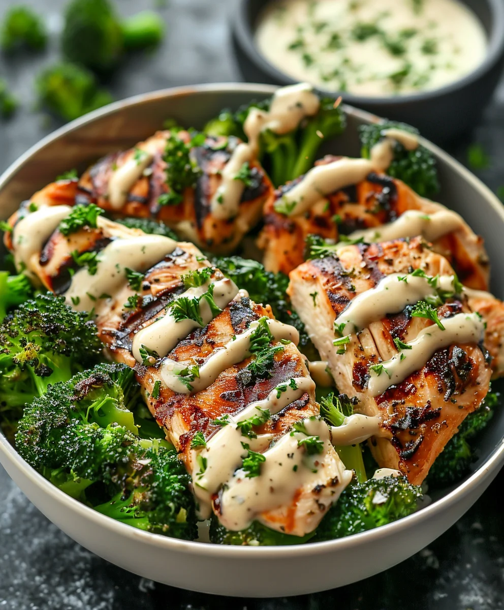 Grilled Chicken Broccoli Bowls with Creamy Garlic Sauce