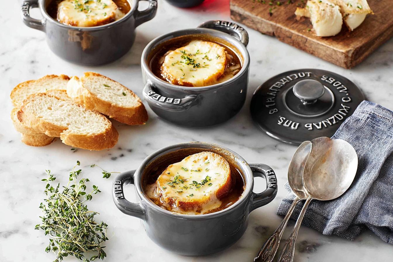 French Onion Soup with Gruyère and Baguette Topping French Onion Soup with Gruyère and Baguette Topping