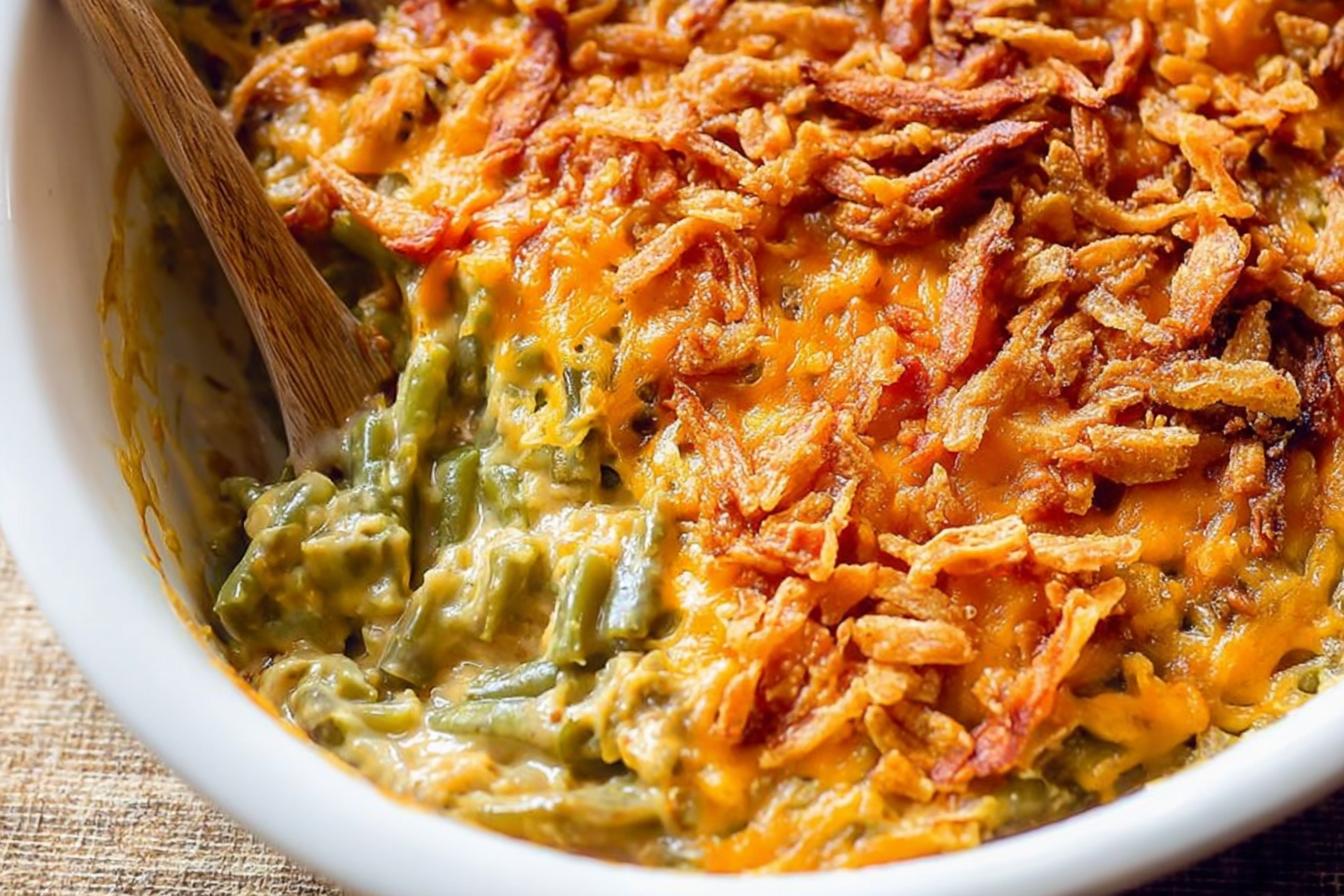 Cheesy Green Bean Casserole with Crunchy Onion Topping